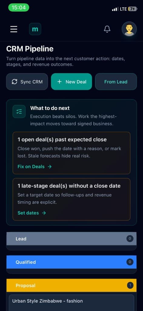 AlphaClone mobile project and CRM view (demonstration data)